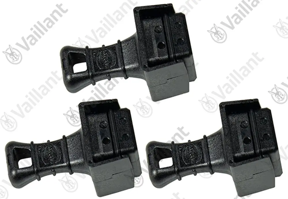 Drei schwarze Stecker von Vaillant. Kompaktes Design mit Halterung und Öffnung zur einfachen Befestigung. Geeignet für elektrische Anwendungen.